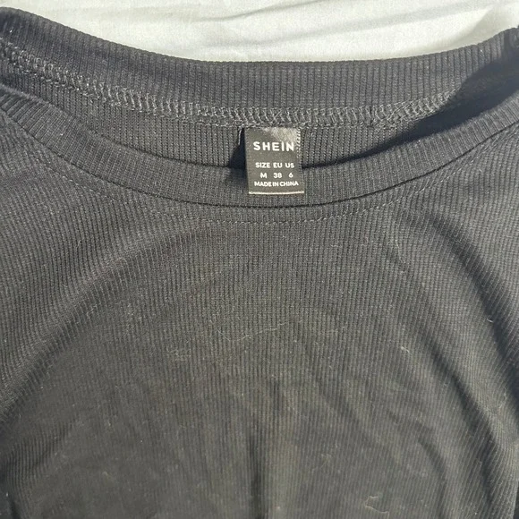 Shein Black Bodysuit Top Polka Dot Mesh Puff Long Sleeves Ribbed Womens‎ Medium - Picture 4 of 7